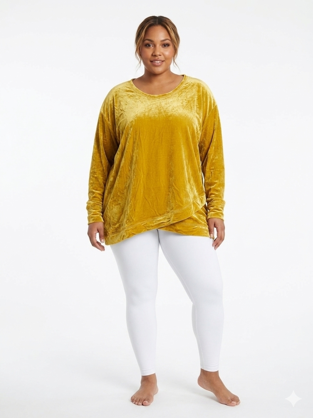 Plus Size Velvet Long Sleeve Tunic Top - Mustard Up To Size 3XL